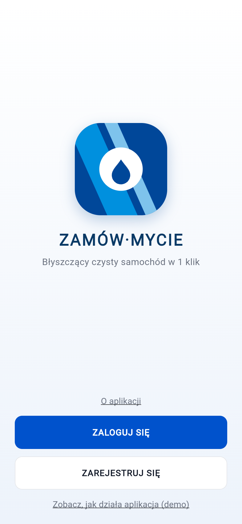 Aplikacja ZamówMycie — ekran startowy